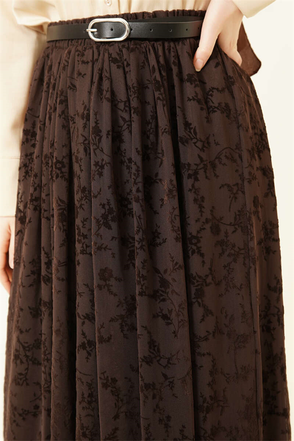 Belted Patterned Tulle Skirt in Brown