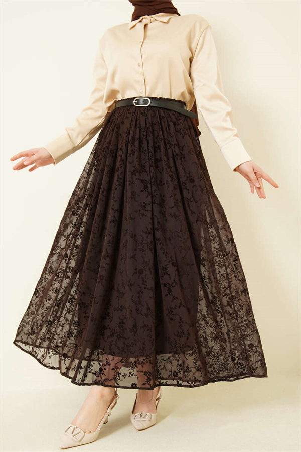 Belted Patterned Tulle Skirt in Brown