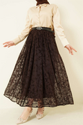Belted Patterned Tulle Skirt in Brown
