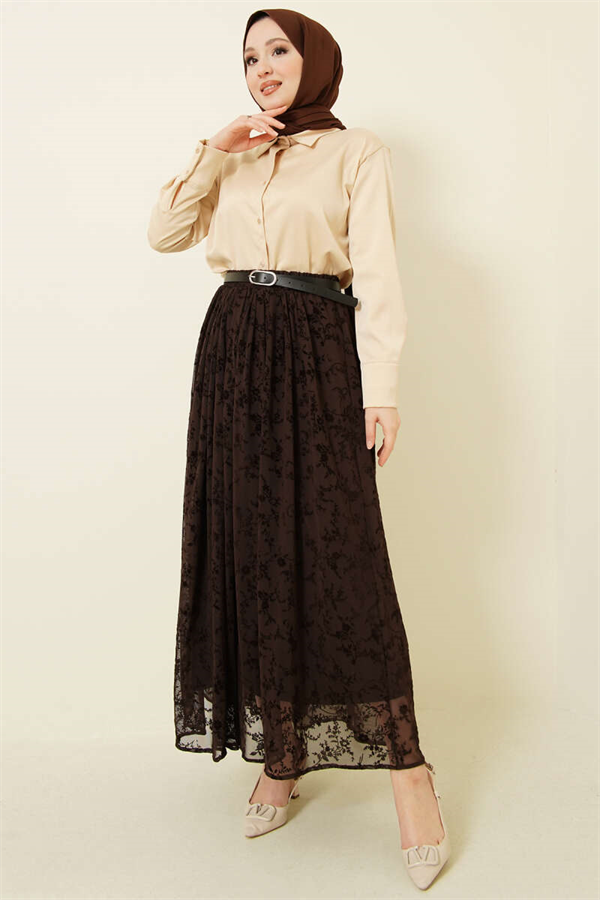 Belted Patterned Tulle Skirt in Brown