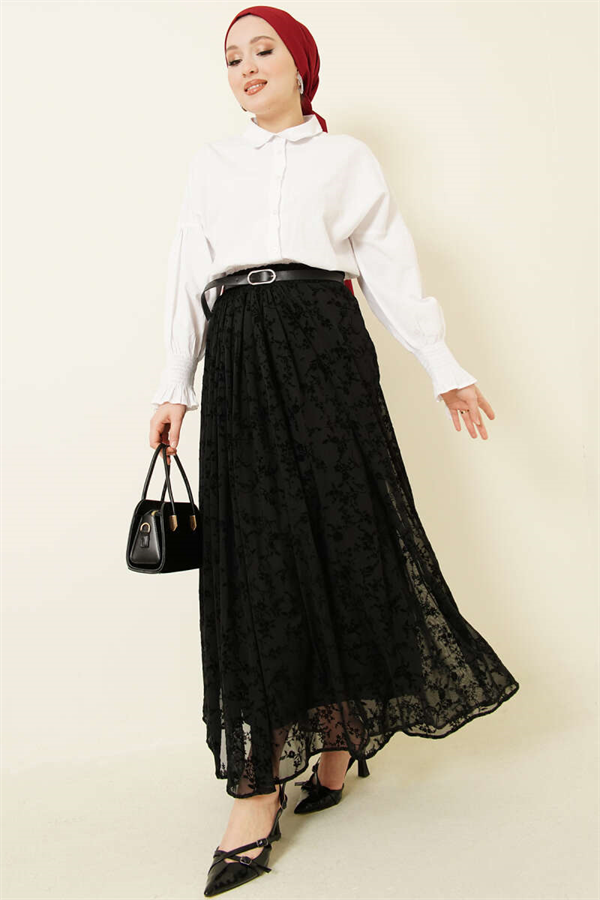 Belted Patterned Tulle Skirt Black