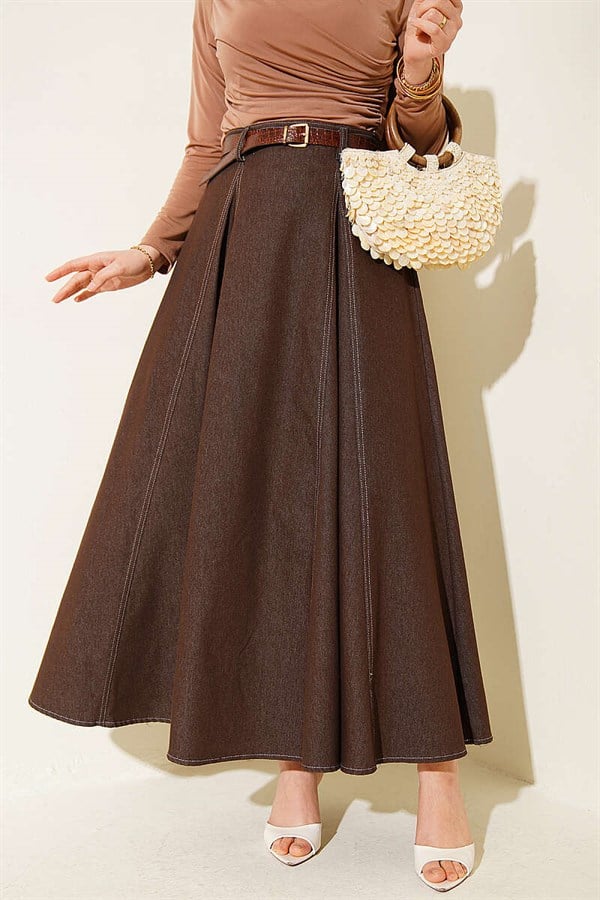 Denim Skirt with Belt Stitch Detail, Brown