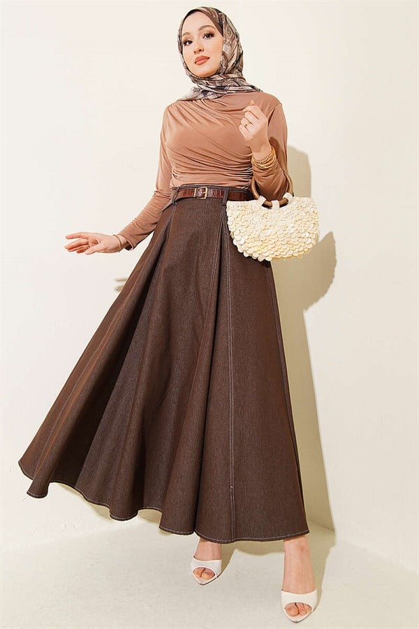 Denim Skirt with Belt Stitch Detail, Brown