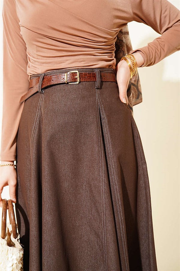 Denim Skirt with Belt Stitch Detail, Brown