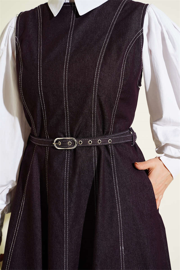 Denim Vest with Belt Stitch Detail, Burgundy
