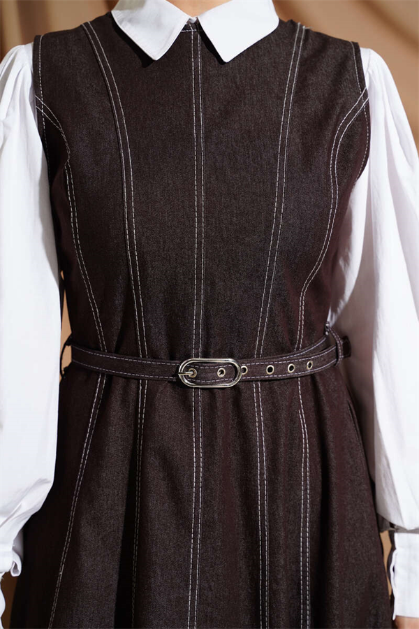 Denim Vest with Belt Stitching Detail, Brown