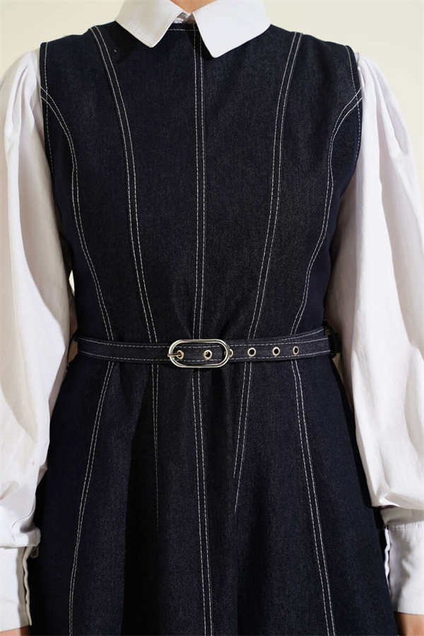 Navy Blue Denim Vest with Belt Stitch Detail