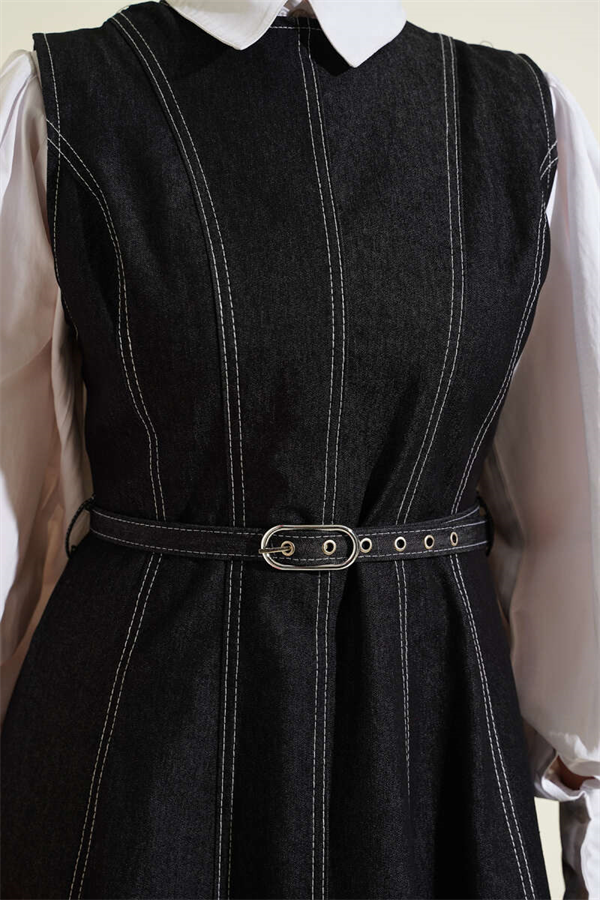 Black Denim Vest with Belt Stitch Detail