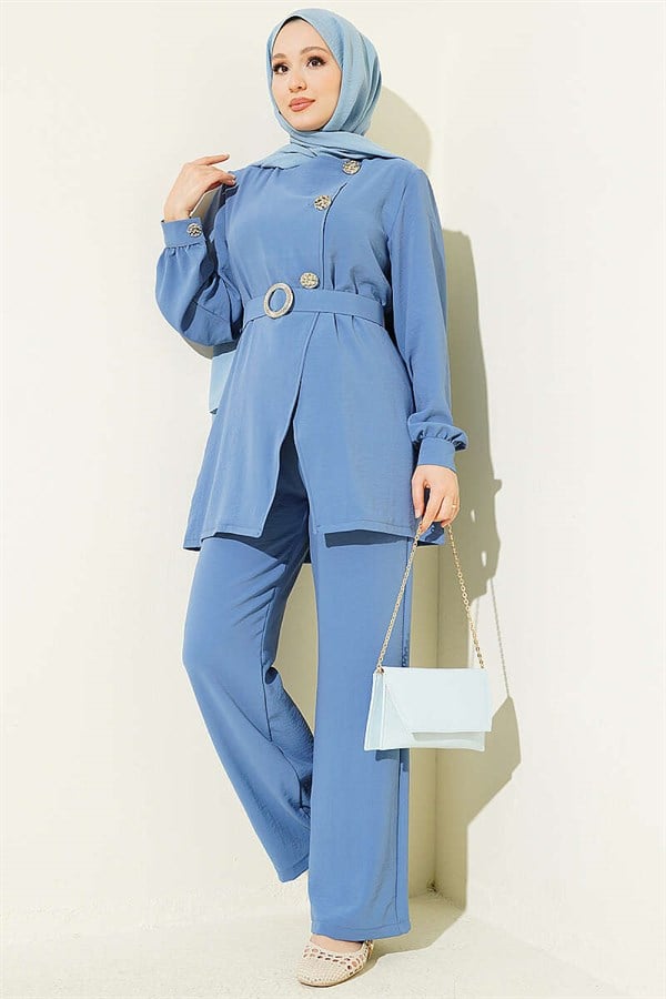 2 Piece Set with Belt and Button Detail, Indigo