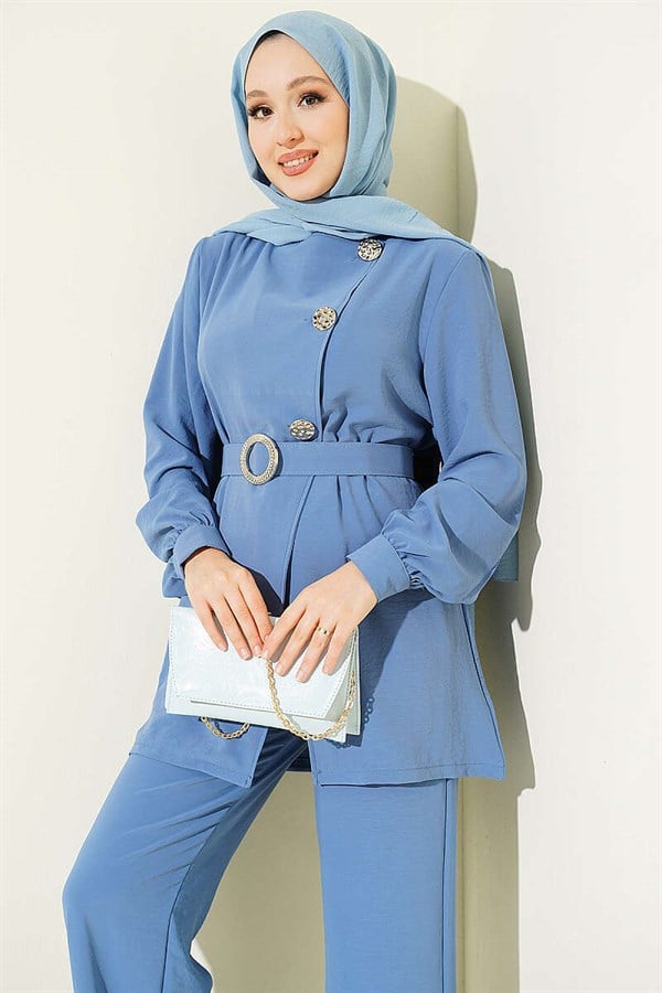 2 Piece Set with Belt and Button Detail, Indigo