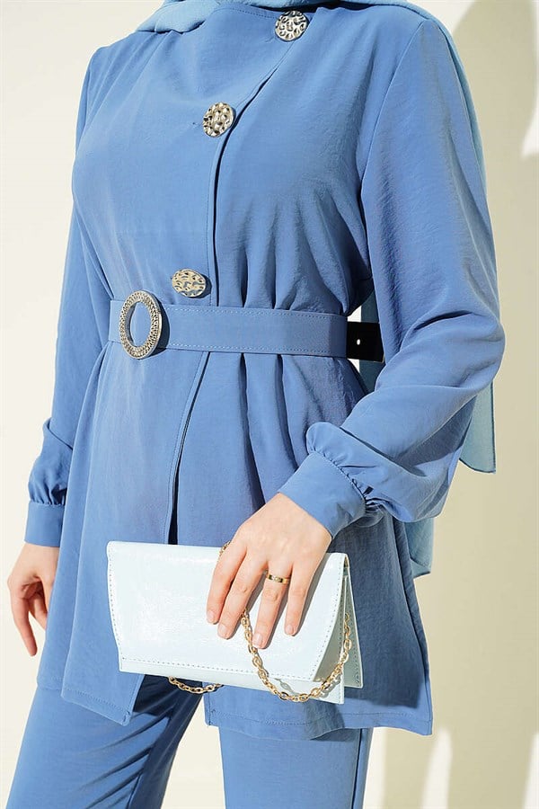 2 Piece Set with Belt and Button Detail, Indigo