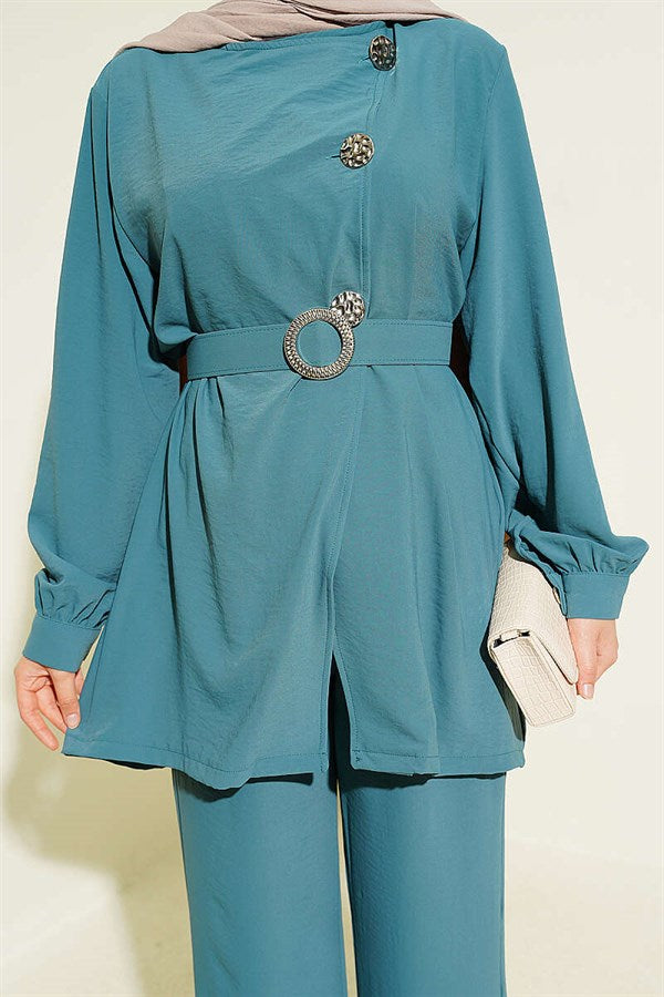 2 Piece Set with Belt and Button Detail, Petrol