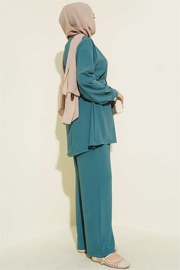 2 Piece Set with Belt and Button Detail, Petrol
