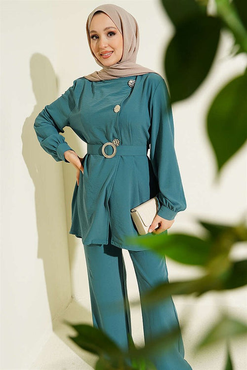 2 Piece Set with Belt and Button Detail, Petrol