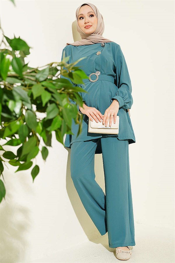 2 Piece Set with Belt and Button Detail, Petrol