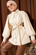 Leather Jacket with Belt and Buttons, Stone
