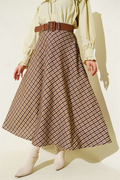 Belted Plaid Pattern Flared Skirt Camel
