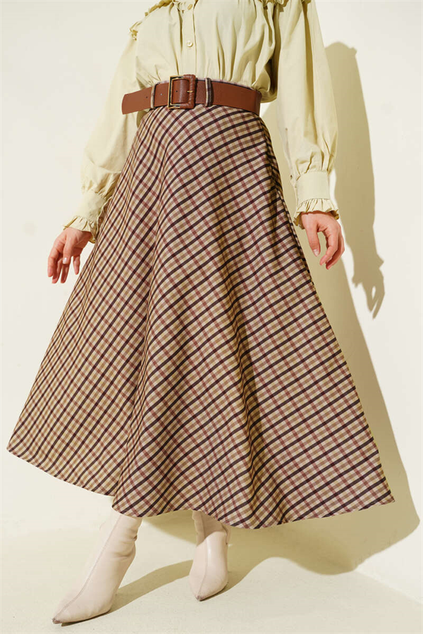 Belted Plaid Pattern Flared Skirt Camel