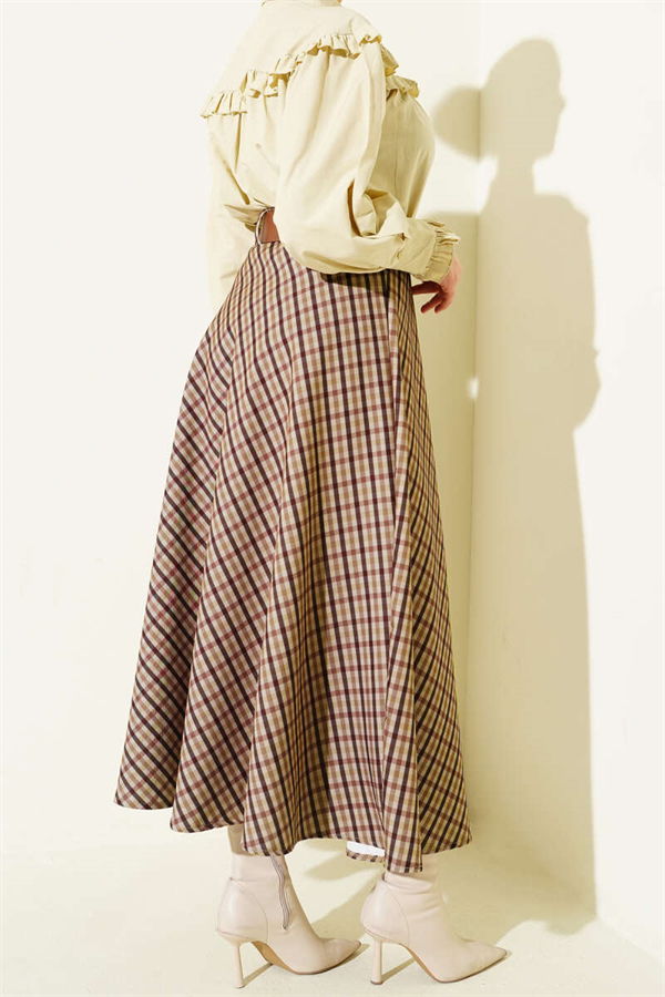 Belted Plaid Pattern Flared Skirt Camel