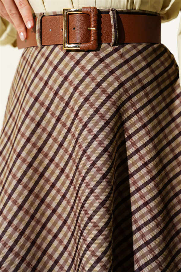 Belted Plaid Pattern Flared Skirt Camel