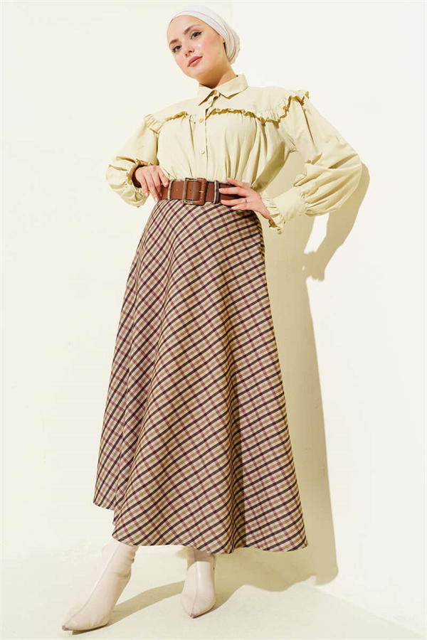 Belted Plaid Pattern Flared Skirt Camel