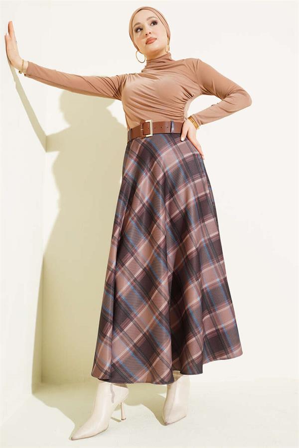 Belted Plaid Pattern Flared Skirt, Milky Coffee