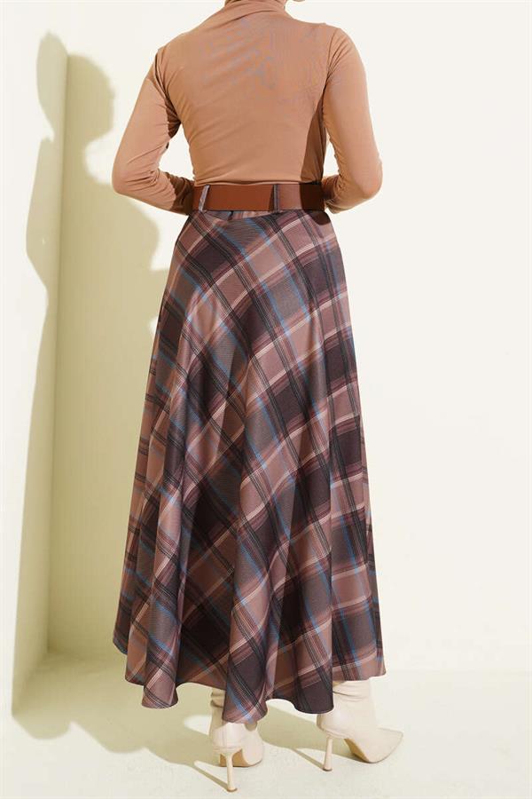 Belted Plaid Pattern Flared Skirt, Milky Coffee
