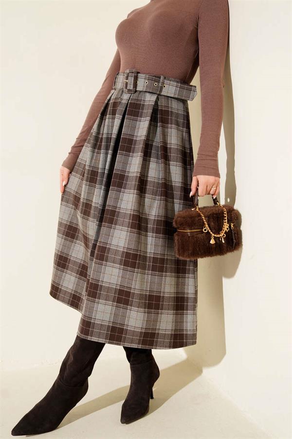 Belted Plaid Skirt with Darts, Grey
