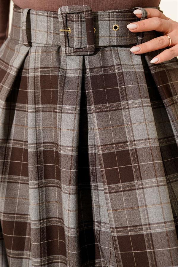 Belted Plaid Skirt with Darts, Grey
