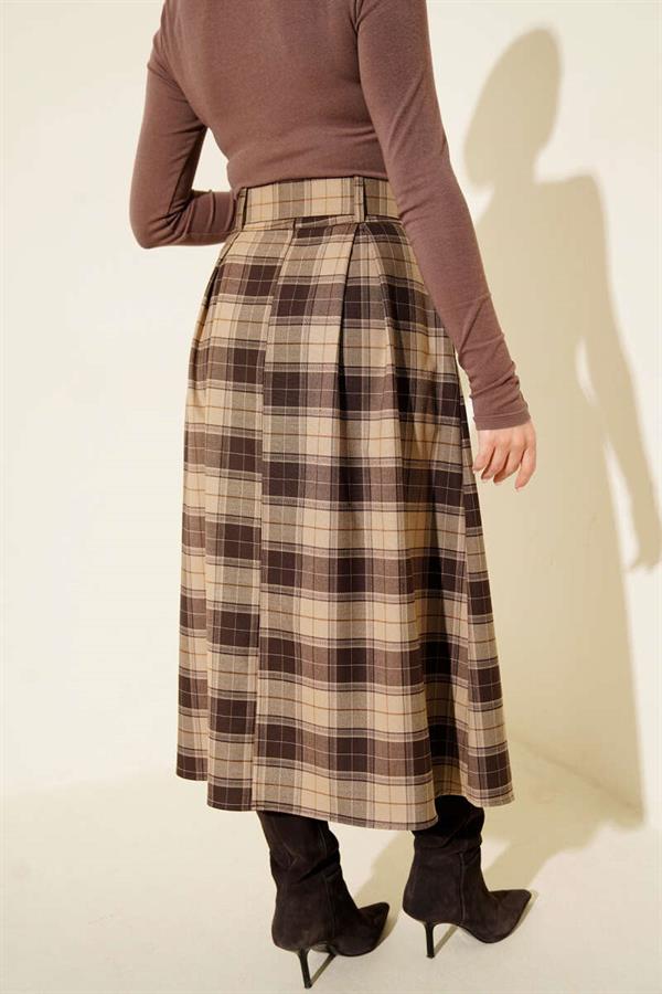 Belted Plaid Darted Skirt, Mink