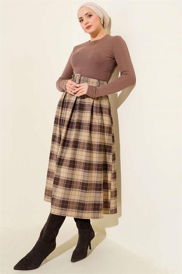 Belted Plaid Darted Skirt, Mink