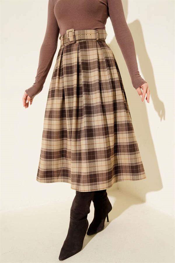 Belted Plaid Darted Skirt, Mink