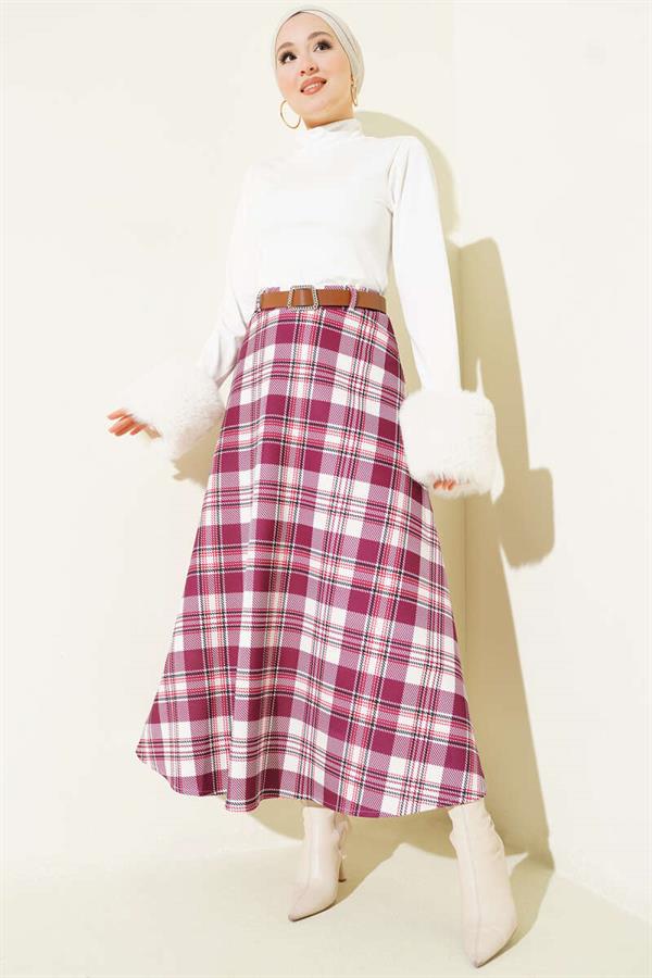 Belted Plaid Scuba Skirt, Burgundy
