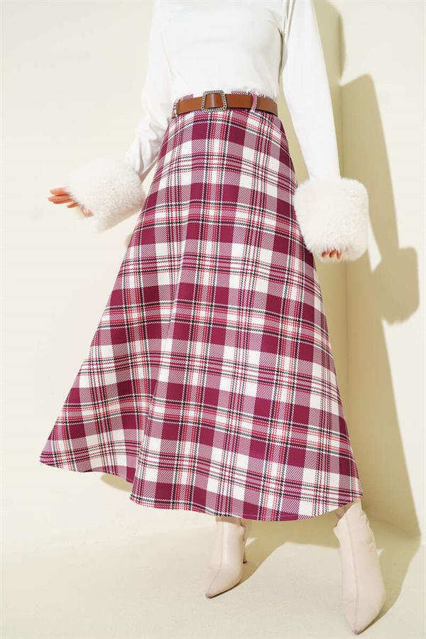 Belted Plaid Scuba Skirt, Burgundy