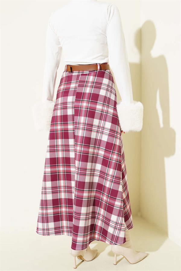 Belted Plaid Scuba Skirt, Burgundy
