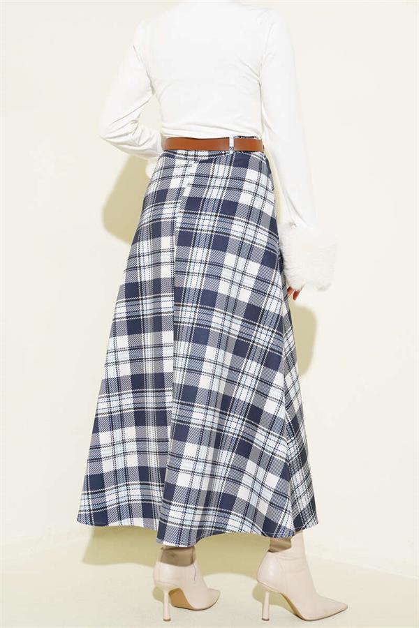 Belted Plaid Scuba Skirt Navy Blue