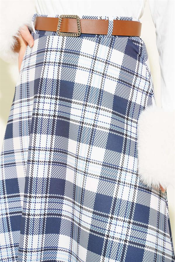 Belted Plaid Scuba Skirt Navy Blue