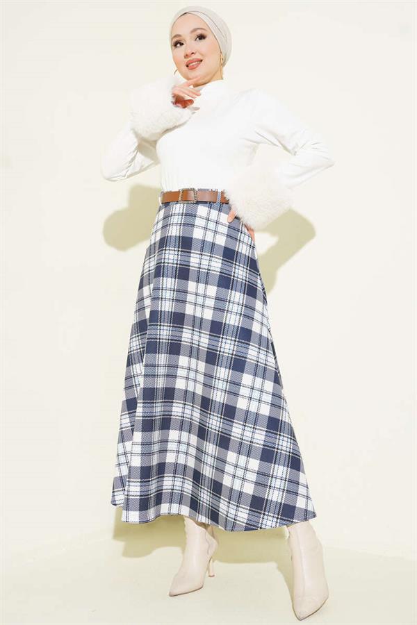 Belted Plaid Scuba Skirt Navy Blue