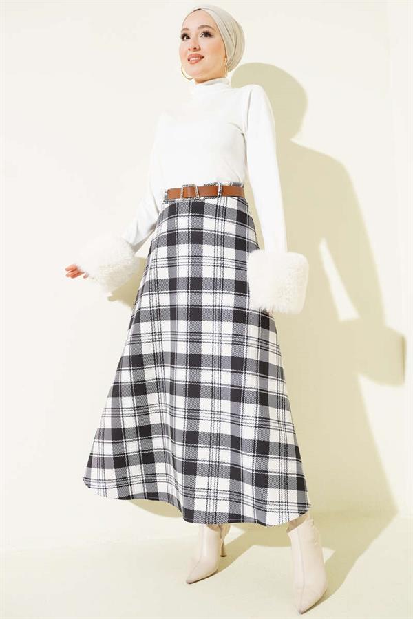 Black Plaid Scuba Skirt with Belt