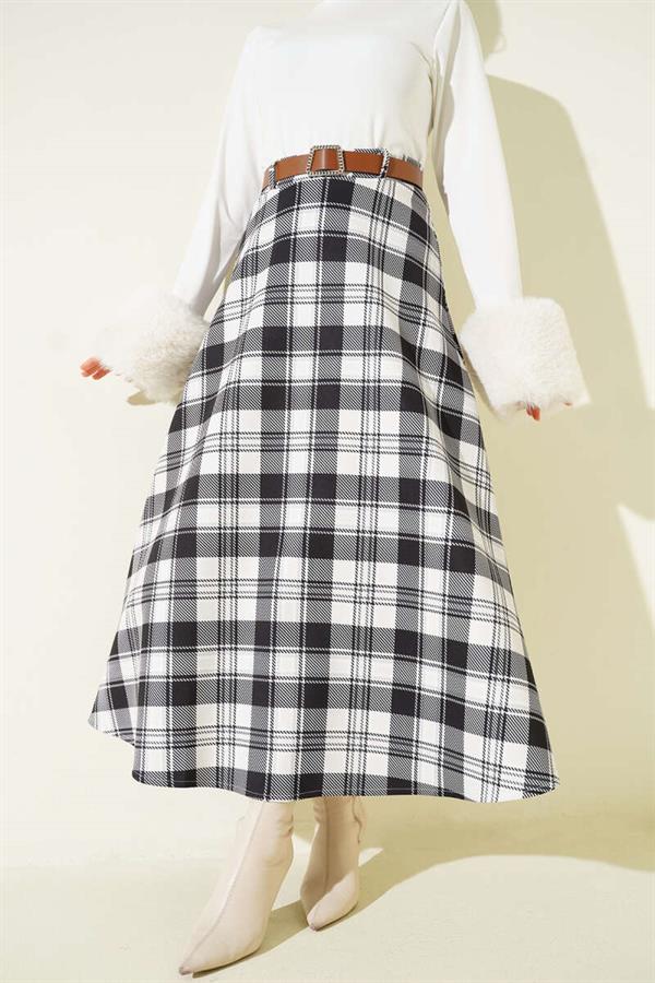 Black Plaid Scuba Skirt with Belt