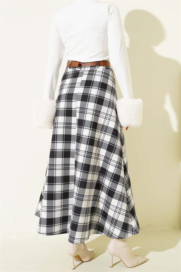 Black Plaid Scuba Skirt with Belt