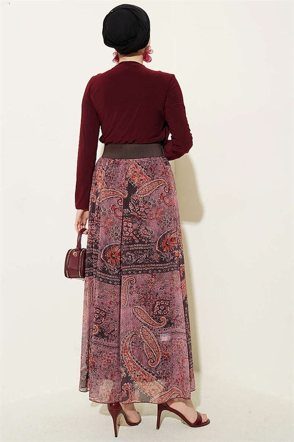 2 Piece Set with belt and ethnic pattern, burgundy.