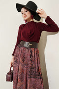 2 Piece Set with belt and ethnic pattern, burgundy.