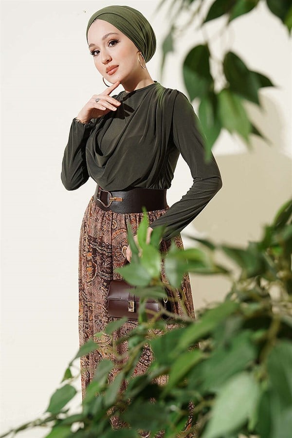 Belted Ethnic Patterned 2 Piece Set, Khaki