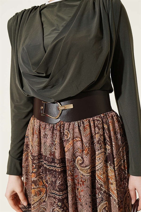 Belted Ethnic Patterned 2 Piece Set, Khaki