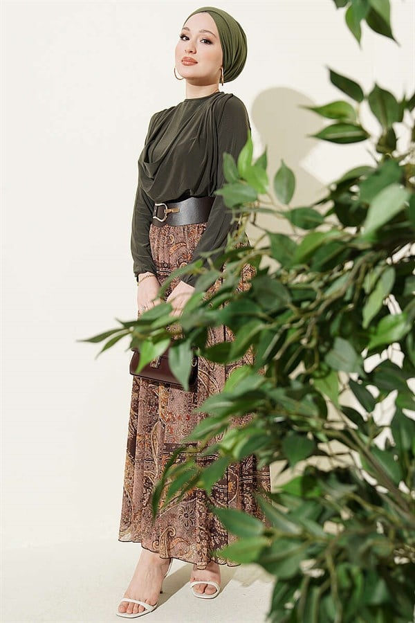Belted Ethnic Patterned 2 Piece Set, Khaki