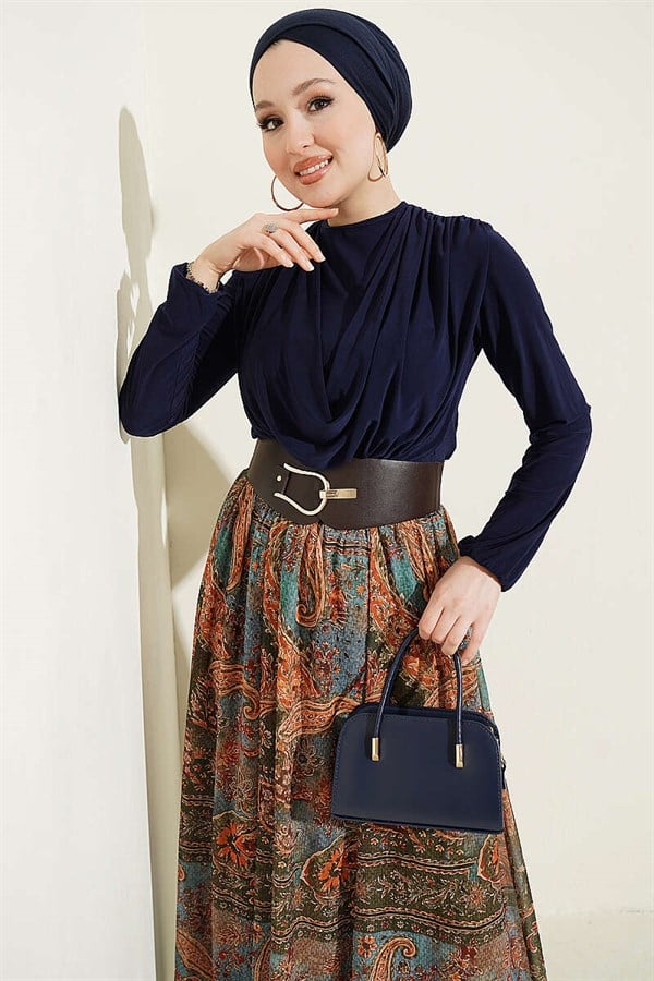 Belted Ethnic Patterned 2 Piece Set, Navy Blue