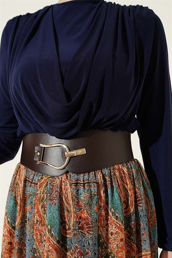 Belted Ethnic Patterned 2 Piece Set, Navy Blue