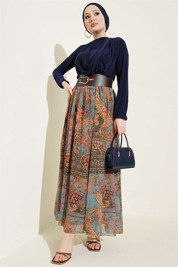 Belted Ethnic Patterned 2 Piece Set, Navy Blue