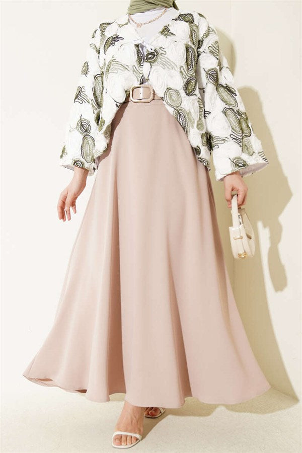 Belted Zippered Basic Skirt Beige
